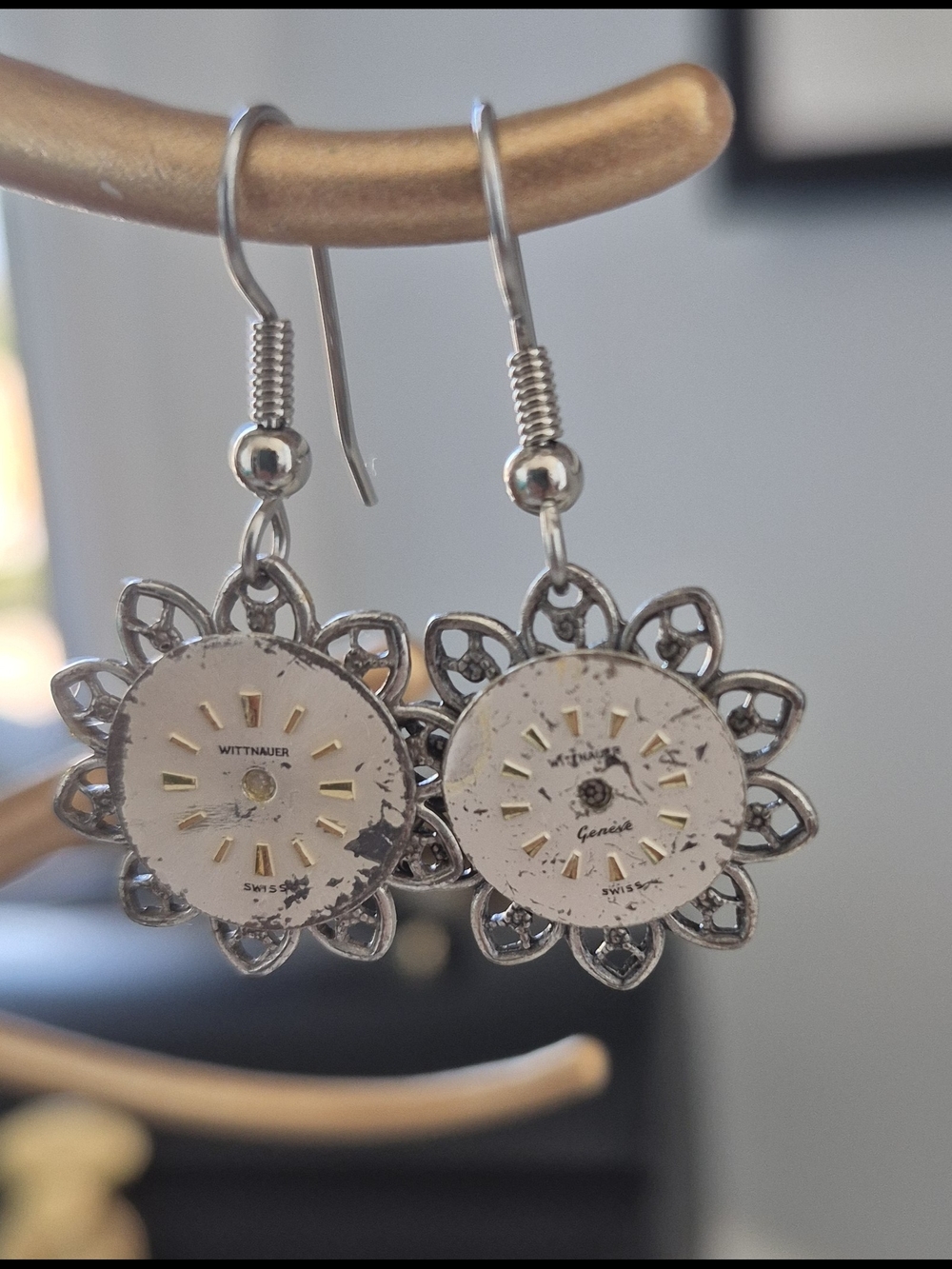 White and Silver Floral Watch Dial Drop Earrings
